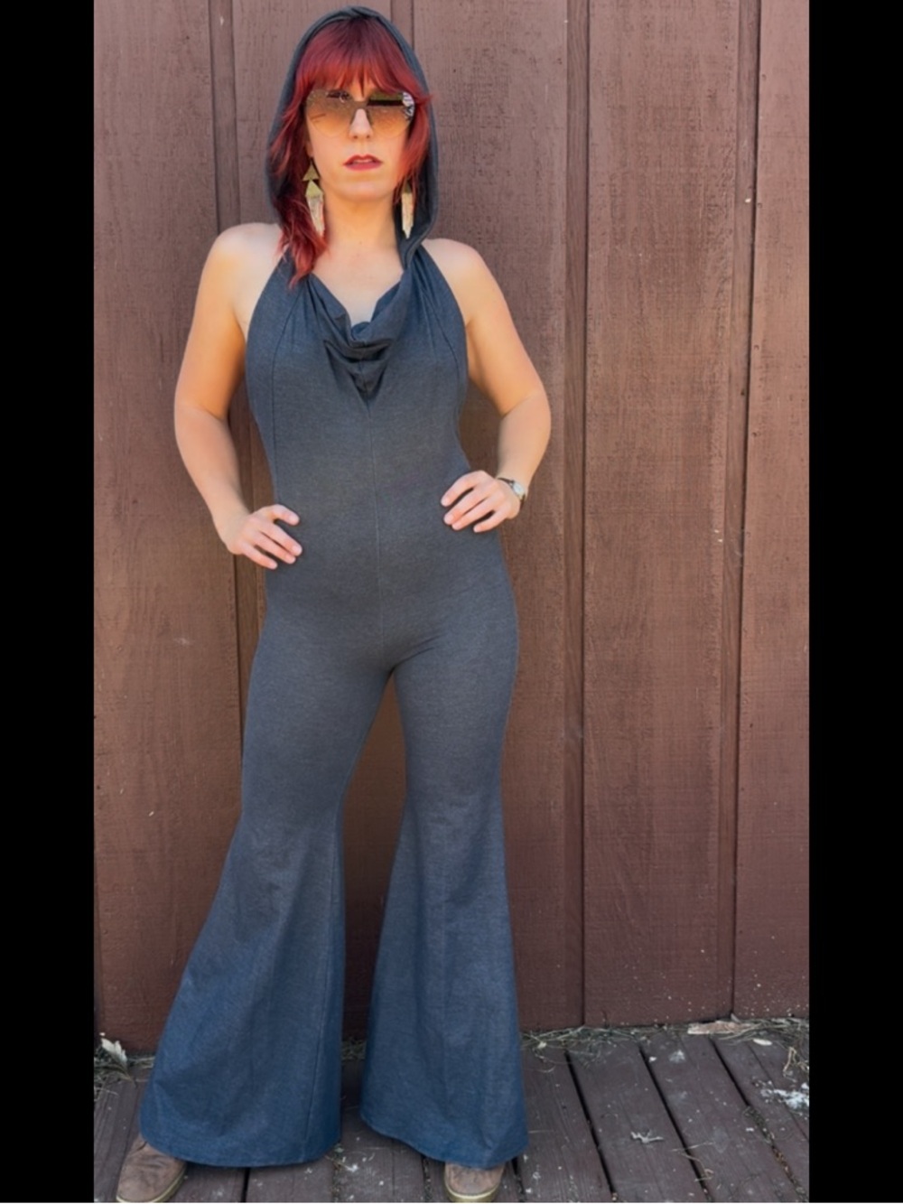 Stretchy Denim Jumpsuit - Backless Halter Wide-Leg - Picture 7 of 8